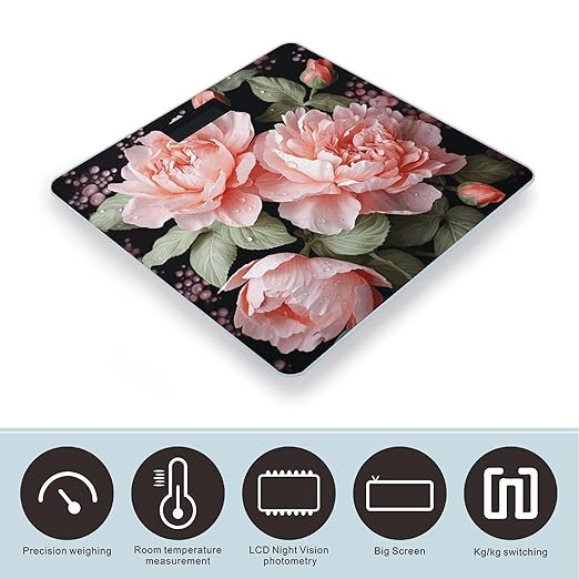 Peony Flowers Rose Bathroom Scale Rounded Smart Scale for Body Weight Automatic Power On/Off Weight Scales Accurate Bathroom Digital Scales for Pet Home Bedroom Kitchen