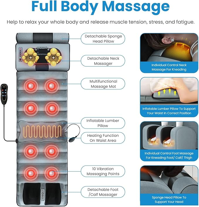 iMounTEK Electric Massage Mat Full Body Heating Vibration Massage Pad Cushion Back Mattress Chair Pad with Neck Foot Head Pillow and Cloth Lumbar Pillow Timer Anti-Slip Bottom/Grey