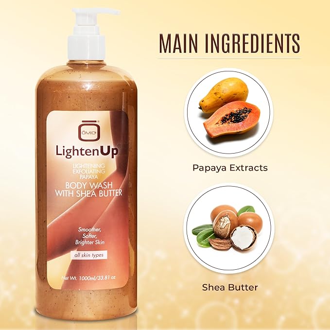 OMIC Lighten-Up LightenUp Exfoliating Body Wash - 33.8 Fl oz / 1000 ml - Formulated to Exfoliate and to Nourish Skin with Shea Butter Papaya
