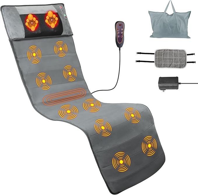 Full Body Massage Mat with Heat 10 Vibration Nodes Massage Chair Pad with 3 Heating Levels Anti-Slip Bottom Relaxation Seat Back Massager with Head Neck Pillow for Home Office