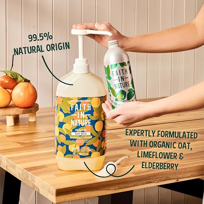 Faith In Nature Natural Hand Wash &amp Body Wash Set - Vegan &amp Cruelty Free No SLS or Parabens - 2 x 169 fl oz Value Bundle Pack Grapefruit &amp Orange