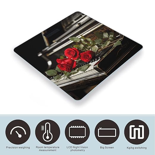Red Rose on Piano Bathroom Scale Ultra-Bright Liquid Crystal Screen Weight Scale Accurate Bathroom Body Scales for Body Weight Bathroom Pet Home Bedroom Gift-Giving