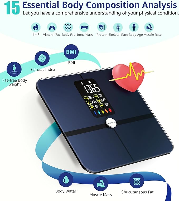Posture Body Fat Scale Extra Large Display Digital Bathroom Wireless Weight Scale Composition Analyzer with Heart Rate Heart Index &amp Body Shape Index with Free APP 400Lb Black