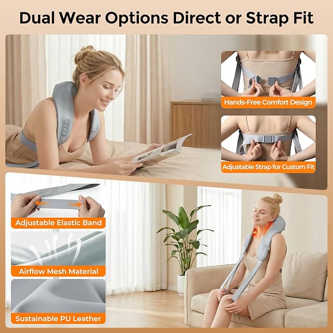 Neck Massager with Heat Shiatsu Back and Neck Massager for Pain Relief Deep Tissue 6D Kneading Massager for Neck Shoulders Back and Legs Portable Shoulder Massager Dad Mom(Gray)