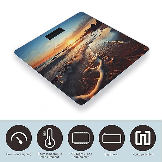 Sunset View on The Beach Shore Digital Bathroom Scale for Body Weight Weighing Scale with Backlit LCD Display High Precision Measurements &amp Measures Weight Up to 180kg