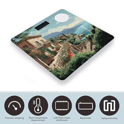 Mediterranean Summer Scale for Body Weight Anti-Slip Tempered Glass Digital Bathroom Scales Clear LCD Display Weighing Scale Safe Rounded Corners Smart Scales