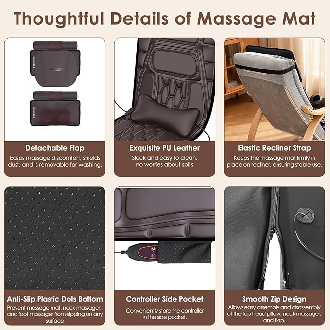 Full Body Massage Mat with Heat &amp Movable Shiatsu Neck Back Massager Pillow &amp Foot Massager Massage Mattress Pad with Top Pillow &amp Lumbar Support 12 Vibration Motors9 Massage Modes &amp