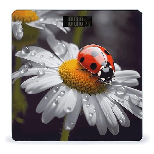 Ladybug on Daisy FlowerScale for Body Weight with LCD High Precision Weighing Scales Fashion Sturdy Tempered Glass Weight Scales Easy-to-Read Digital Bathroom Scale for Daily 400lb