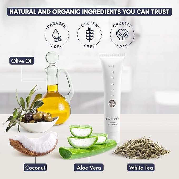 Travel Size Hotel Body Wash 200 Count 1 oz Bottles Guest Amenities for Hotels Vacation Rentals and Short Term Rentals Paraben Free White Tea and Coconut Scent Infused with Aloe and Olive Oil by INFUSE
