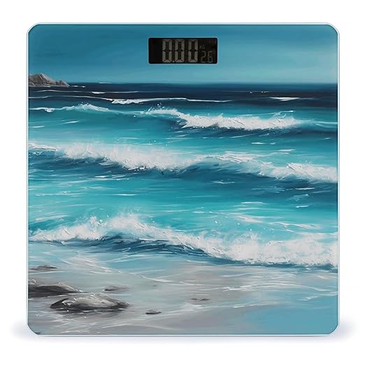 Turquoise Beach Original Seascape Scale for Body Weight Anti-Slip Tempered Glass Digital Bathroom Scales Clear LCD Display Weighing Scale Safe Rounded Corners Smart Scales