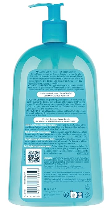 Bioderma ABCDerm Foaming Gel Gentle Skin Cleanser and Moisturizing Body Wash for Babies and Children 33.8 Fl Oz