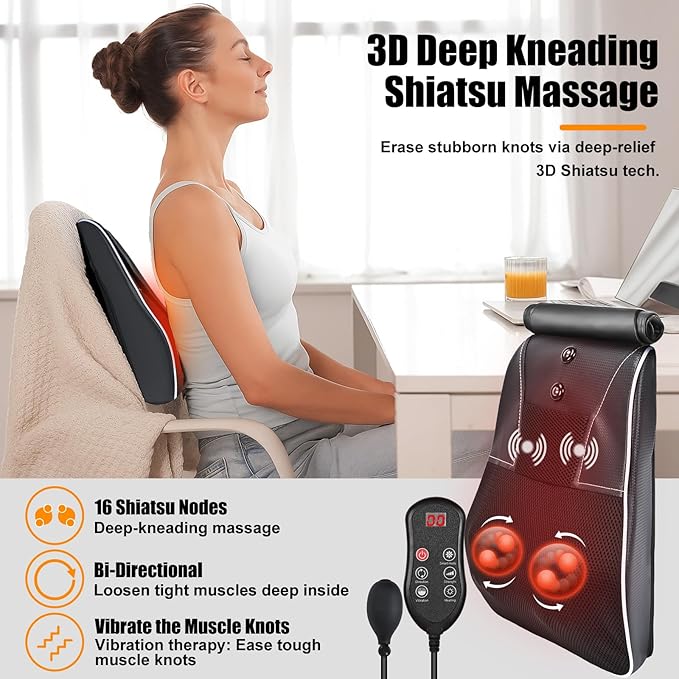 Shiatsu Neck and Back Massager with HeatNeck Massager for Pain Relief deep Tissue3D Kneading Massage Pillow for BackShoulderLegGifts for MomDadWomen (Black)