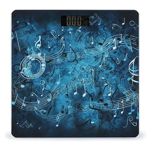 Blue Musical Notes Scale for Body Weight Safe Rounded Corners Tempered Glass Digital Bathroom Scale LED Display 400lb Capacity Weight Scales with High Precision Sensors