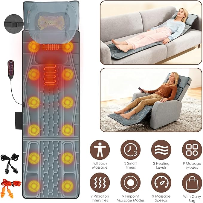 Flannel Full Body Massage Mat Heat Massage Pad with Detachable Shiatsu Neck Massager Multifunctional Massage Chair Pad with Carry Bag Earplugs Anti-Slip Bottom for Office Home