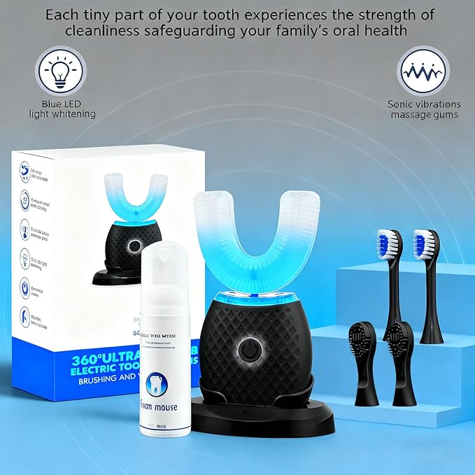 U-Shaped Electric Toothbrush for Adults Hands-Free Auto Teeth Cleaner with 360° Ultrasonic &amp Foam Mousse 4 Brush Heads LED Light &amp Charging Base Kit (Black)