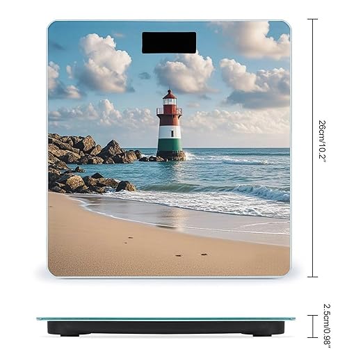 Sea Lighthouse Sandbeach Bathroom Scale for Body Weight Bathroom Weighing Scales with Back Lit LED Display Sturdy Tempered Glass Body Weight Bathroom Scale 400lb Weighing