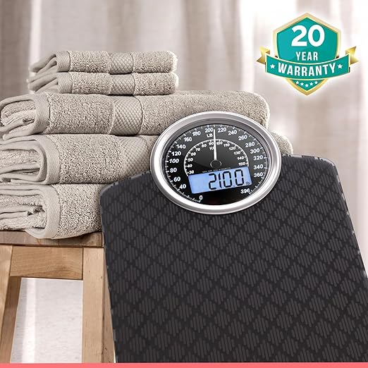 Adamson Hybrid 2-in-1 Analog &amp Digital Weighing Scale for Body Weight up to 400lbs + Thick Tempered Glass + Extra Large Display + Easy to Read Digital Bathroom Scale + New Version - Black Diamond