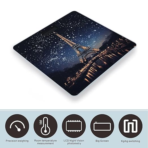 Night Paris Eiffel Tower Scale with LCD Precision Weighing Scales Sturdy Tempered Glass Weight Scales Easy-to-Read Anti-Slip Weight Digital Bathroom Scale for Daily