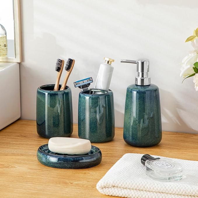 vancasso Green Bathroom Accessories Set Ceramic Soap Dispenser and Toothbrush Holder Sets Stoneware 4 Pcs Bathroom Sink Set for Modern Home Decor Series Starry