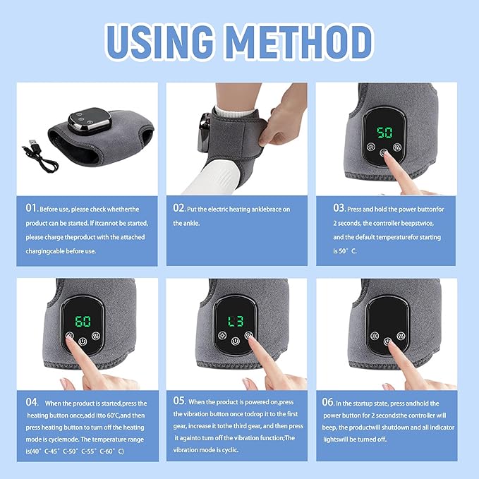 Rechargeable Ankle &amp Foot Massager with Adjustable Heat Therapy – 5-Temp Infrared 3-Level Vibration for Pain Relief &amp Relaxation