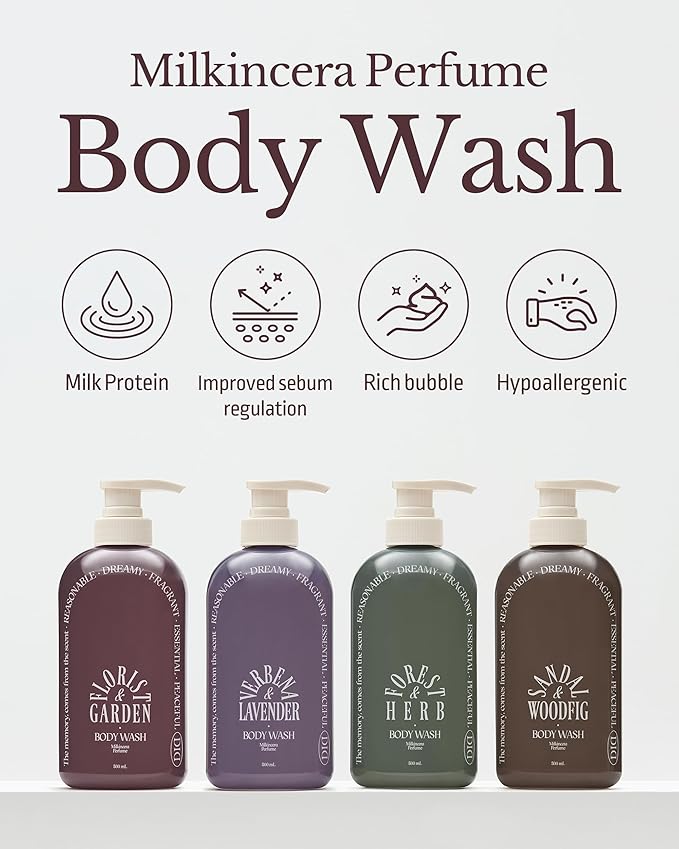 Milk in Cera Perfume Body Wash - Korean Moisturizing Body Cleanser for All Skin Types - Subtle Verbena Lavender Scent - with Milk Protein and Ceramide 16.9 fl.oz.