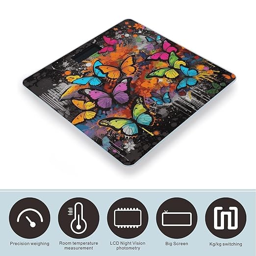 Art Graffiti Butterflies Print Bathroom Scale Automatic Power On/Off Body Scales LCD Backlight Display Square Digital Scale Rounded Corners Bathroom Scales for Home Bedrooms