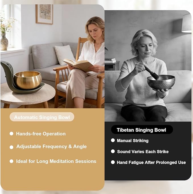 Automatic Singing Bowl – Hands-Free Sound Healing Bowl for Meditation Yoga Mindfulness Energy Healing Deep Relaxation &amp SleepAuto-Striking Himalayan Singing Bowl with Resonant Tone
