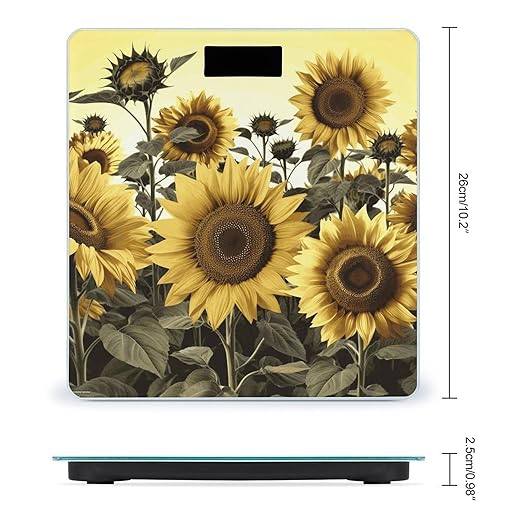 Yellow Sunflower Floral Scale with LCD Easy-to-Read Anti-Slip Weight Digital Bathroom Scale Precision Weighing Scales Sturdy Tempered Glass Body Weight Scales for Daily Use