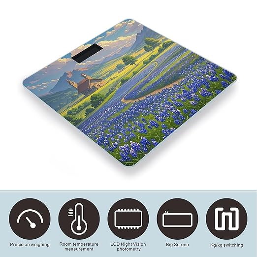 Texas Bluebonnets Scenery Bathroom Scale for Body Weight with High Precision Large LCD Backlight Display Digital Weighing Scale with BMI Capacity Up to 180kg