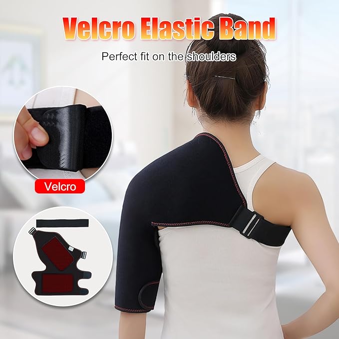 WOOLALA Heated Shoulder Brace with Massager - Electric Heating Pad for Shoulder Pain Relief &amp Upper Arm Muscle Portable Heated Wrap