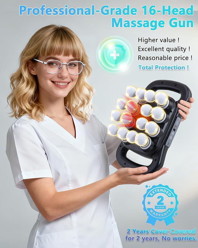 16-Head Massage Gun Deep Tissue Percussion Massager with 9 Modes &amp 9 Intensities 2600mAh Battery Back Massager for Pain Relief Deep Tissue for Muscle Pain Relief in Back Legs Shoulders