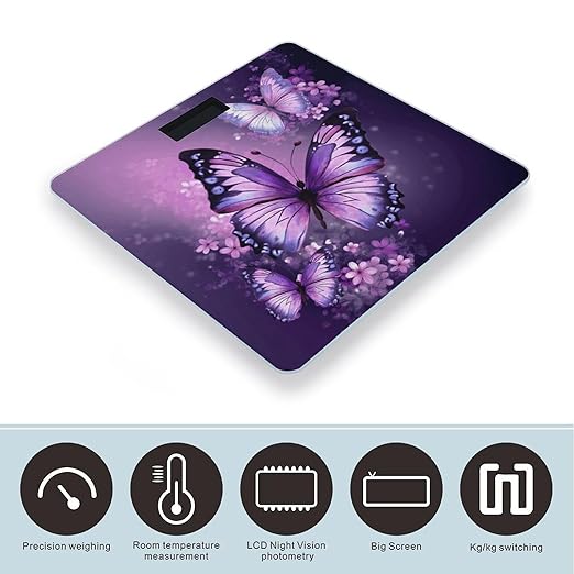 Beautiful Purple Butterfly Art Scale for Body Weight High Precision Digital Weight Scales with LCD Display Anti-Slip Sturdy Slim Tempered Glass Bathroom Scale for Home Use