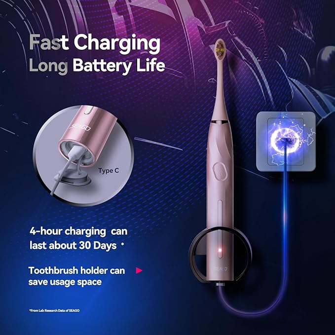 SEAGO Electric Toothbrush with 8 Soft Bristle Heads for AdultsPressure Sensor 5 Modes with 2 Minutes Build in Smart TimerRechargeable Travel Toothbrush with Brush Hold and Travel Case(2752Pink)