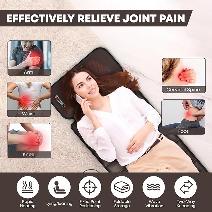 Massage-Mat Detachable Neck Massager Full Body Vibration Heating Massage Pad with 10 Vibrating Motors and 9 Speed Settings for Home Office Use Brown
