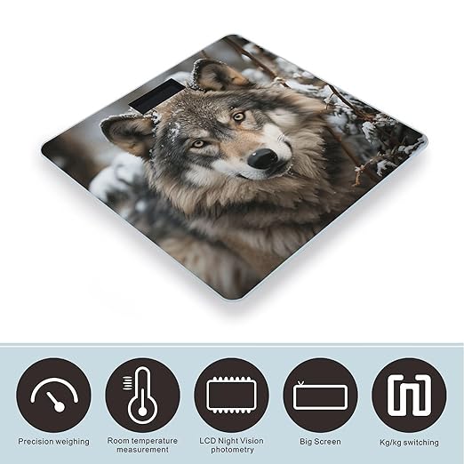Lmage of Wolf in The Snow Bathroom Scale for Body Weight LCD Display Digital Bathroom Scale Tempered Glass Bathroom Weight Scales Fashion Smart Scales for Home Bedroom 400 Lb