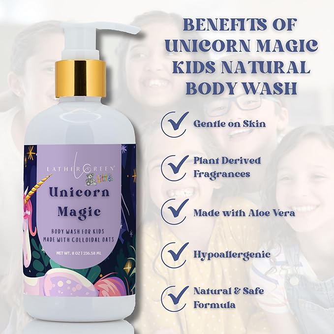 Kids Body Wash – Plant Based Gentle Moisturizer with Shea Butter – Safe for Sensitive Skin – Unicorn Magic – 3 Pack (8 oz Each)