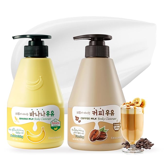 WELCOS Kwailnara Banana &amp Coffee Milk Body Wash Set – Hydrating &amp Nourishing Korean Skincare Bundle with Banana Extract &amp Coffee Infusion 560g / 19.75oz Each