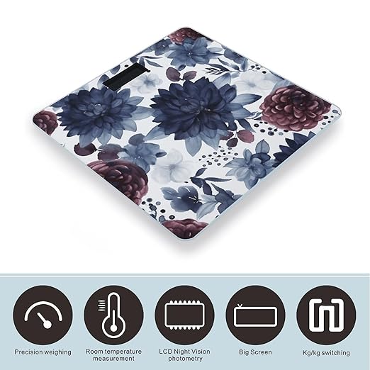 Watercolor Dark Blue Pattern Digital Bathroom Scale for Body Weight Weighing Scale with Backlit LCD Display High Precision Measurements &amp Measures Weight Up to 180kg