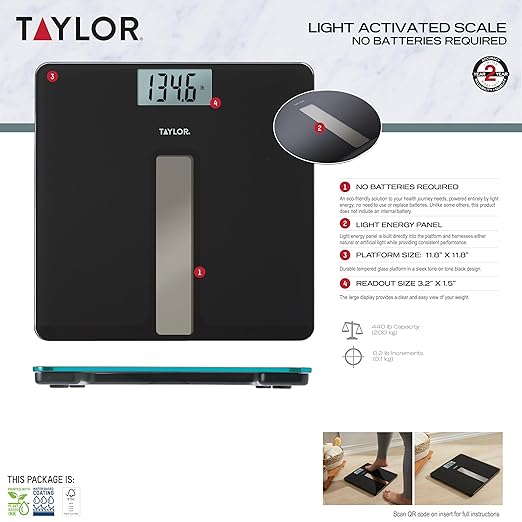 Taylor Light Powered Digital Bath Scale Large and Durable Platform Light Powered Panel with Endless Power No Batteries Needed Energy-Saving Easy to Use High 400 lb Capacity Black
