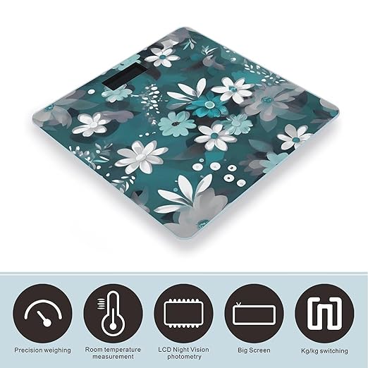 Teal Grey and White Floral Scale with LCD Precision Weighing Scales Sturdy Tempered Glass Weight Scales Easy-to-Read Anti-Slip Weight Digital Bathroom Scale for Daily
