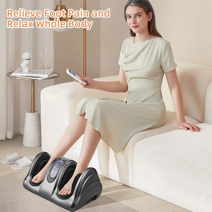 RELAX4LIFE Shiatsu Foot Massage Machine Rolling Massager with Remote Control 4 Programs 3 Modes Touch Panel Electric Calf Deep Kneading for Plantar FasciitisTired Muscle Massaging (Gray)