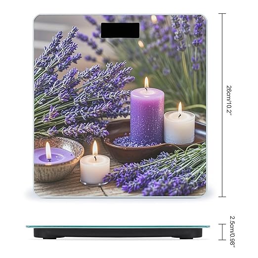 Purple Lavender with Candles Bathroom Scale for Body Weight Bathroom Weighing Scales with Back Lit LED Display Sturdy Tempered Glass Body Weight Bathroom Scale 400lb Weighing