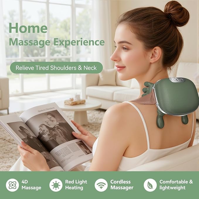 Neck Massager Bionic Heated Massager Cordless Portable Shiatsu Neck and Back Massager 4D Kneading Massage Simulated Human Hand Design for Pain Relief Deep Tissue and Muscle Relax