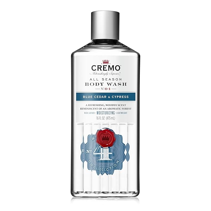 Cremo Men's Body Wash Bundle with 16 Fl Oz Blue Cedar &amp Cypress and 16 Fl Oz Vintage Suede Scents