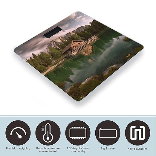 Lake and Wood Cottage Digital Bathroom Scale for Body Weight Weighing Scale with Backlit LCD Display High Precision Measurements &amp Measures Weight Up to 180kg