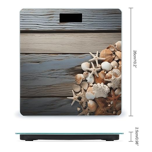 Seashells on Wooden Board Scale for Body Weight Anti-Slip Tempered Glass Digital Bathroom Scales Clear LCD Display Weighing Scale Safe Rounded Corners Smart Scales