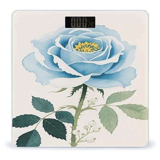 Watercolor Blue Flower Green Leaves Weight Scale Large Digital Bathroom Scales with Bright LED Display Non Slip Digital Scale and Step On Fashion Weighing Machine for Body