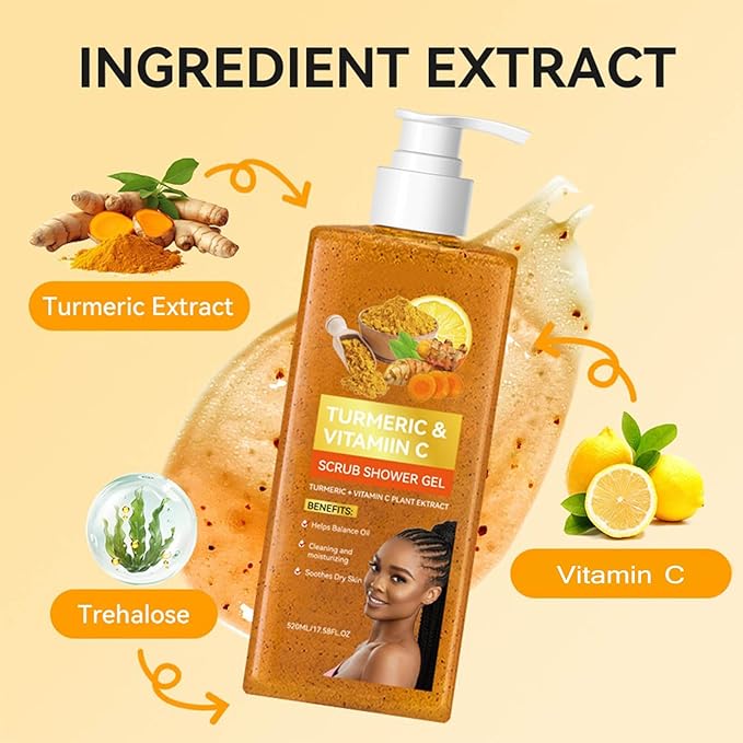 Turmeric Vitamin C Scrub Body Wash - Moisturizing Hydrating Exfoliating Body Wash Deep Cleansing Evens Skin Tone Improves Texture Gentle Exfoliating Shower Gel for All Skin Types 17.58 oz