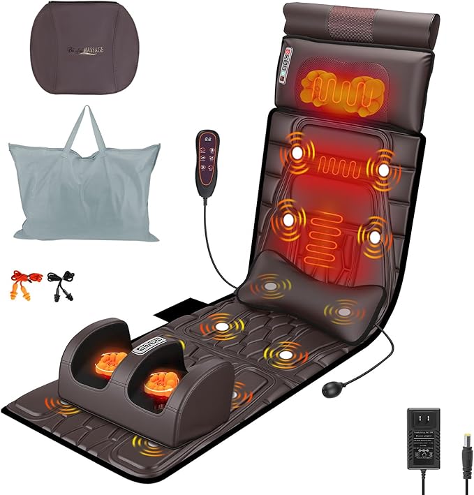 Full Body Massage Mat with Heat Detachable Shiatsu Neck and Foot Massager Vibration Massage Mat for Back Pain Relief 9 Modes 3 Timers Inflatable Lumbar Pillow Home Office Gift for Men Women