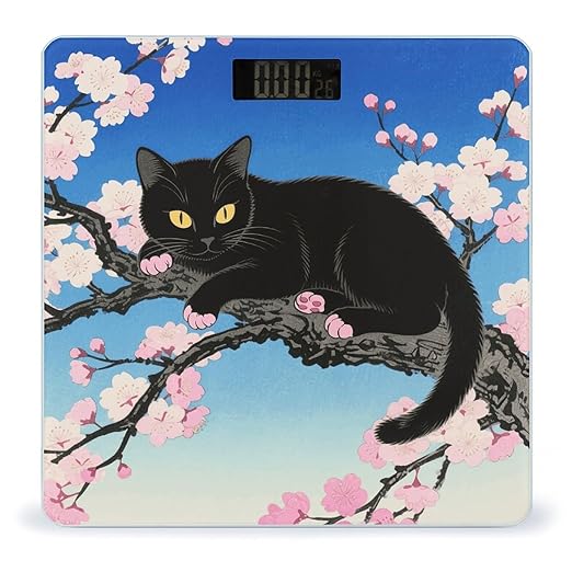 Black Cat Floral Scale for Body Weight Sturdy Tempered Glass Weighing Scales with LCD Display Accurate Digital Bathroom Scale Convenient Body Fat Smart Scales Easy Read